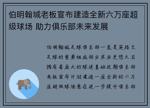 伯明翰城老板宣布建造全新六万座超级球场 助力俱乐部未来发展