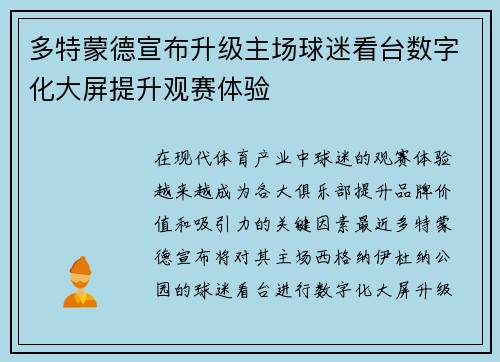 多特蒙德宣布升级主场球迷看台数字化大屏提升观赛体验